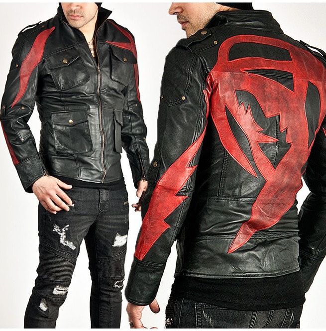 leather jacket black and red