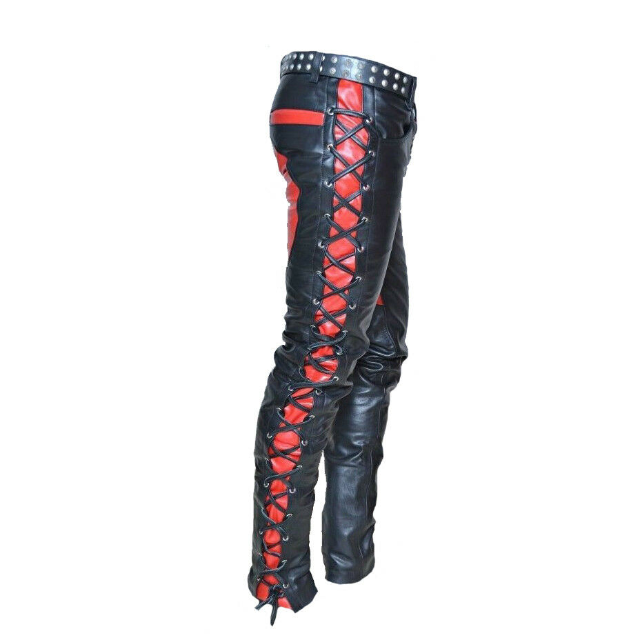 men's side lace up leather pants