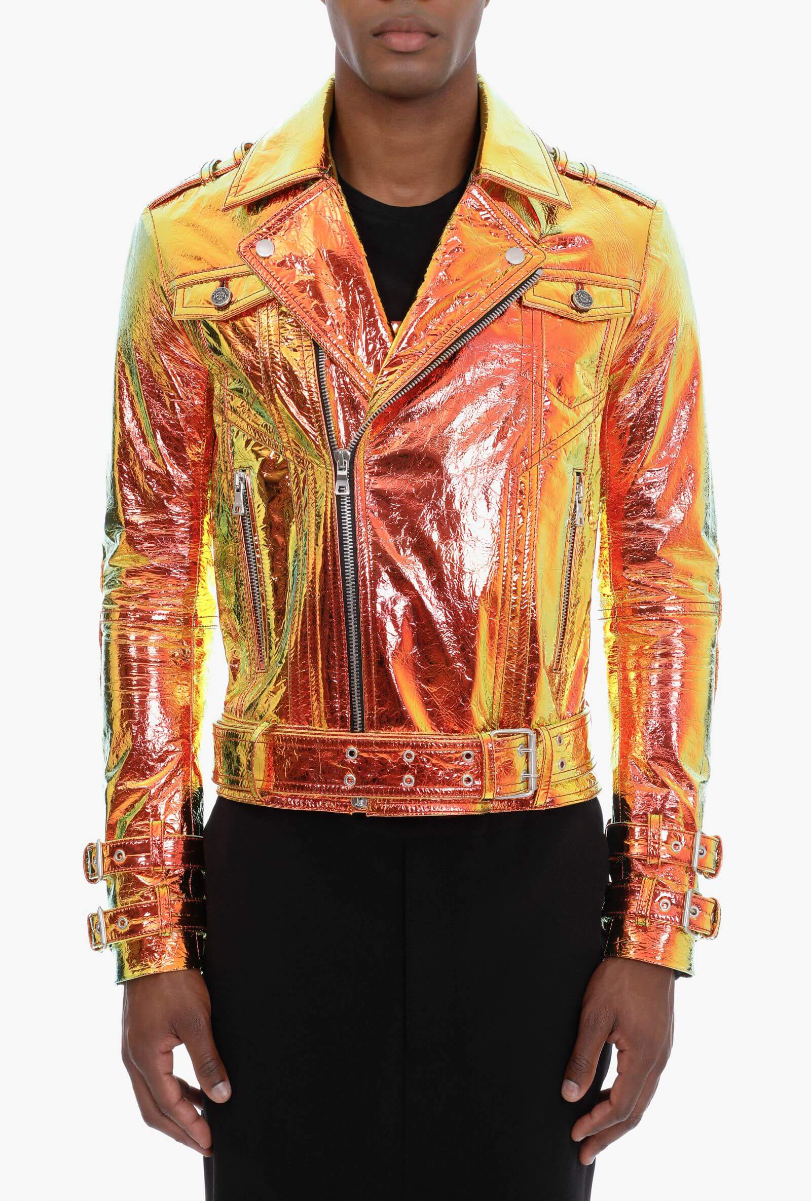 Golden Metallic Leather Biker Jacket with Hologram Effect - Jackets Maker
