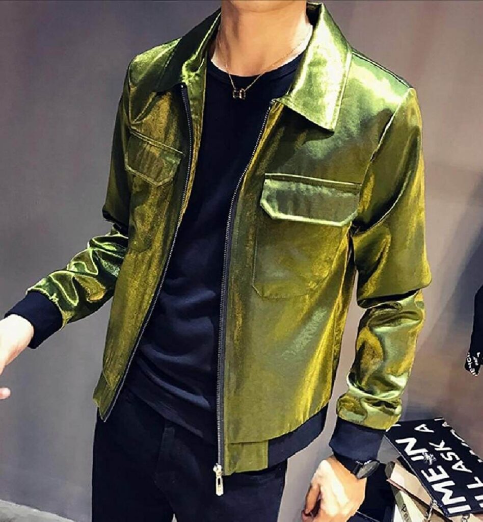 green metallic pants