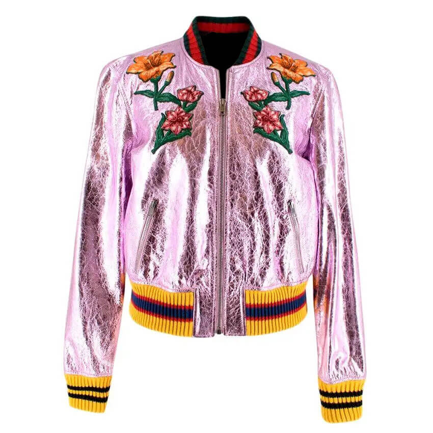 pink embroidered bomber jacket