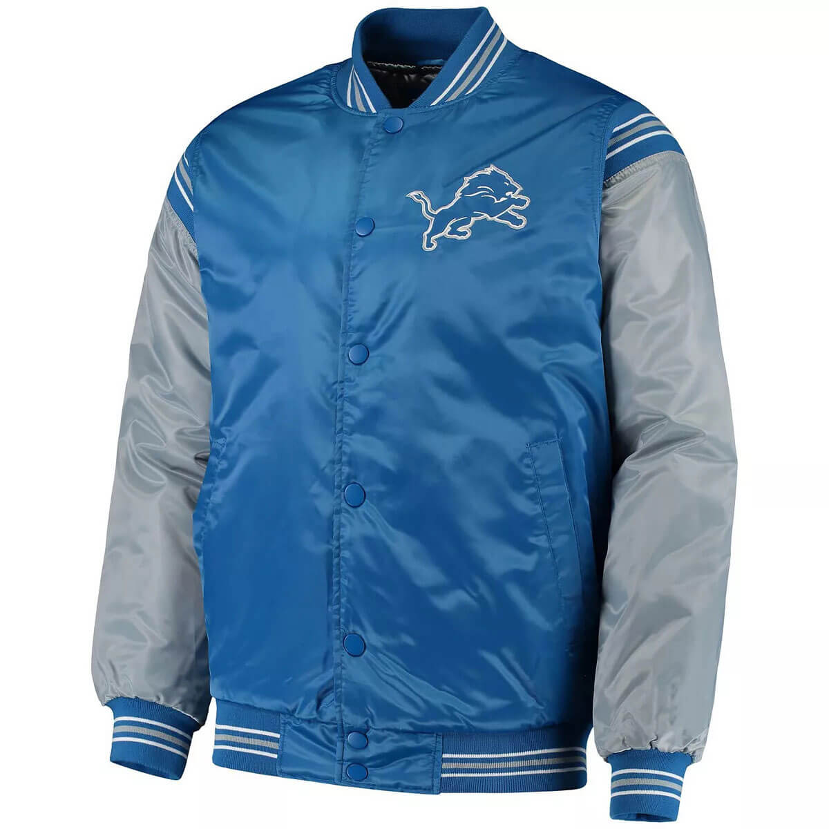 Blue and Silver Detroit Lions Satin Varsity Jacket - Jackets Maker