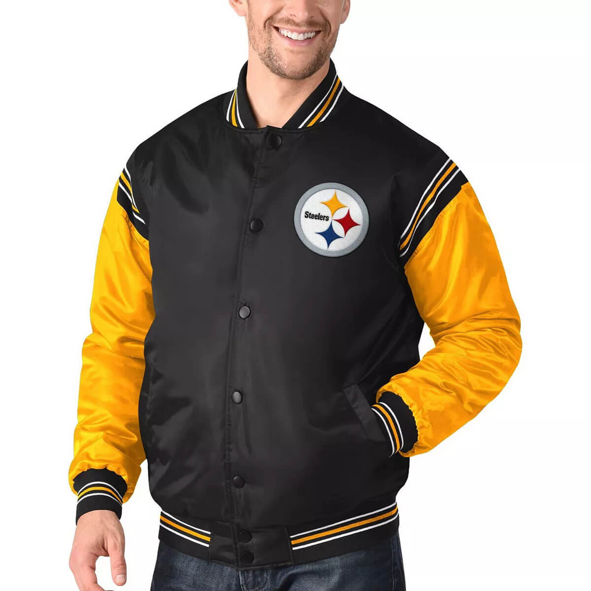 Pitts-Burgh Stee-l-ers Mens Black Button Up Legend Varsity Poly Taslan//Cotton Jacket