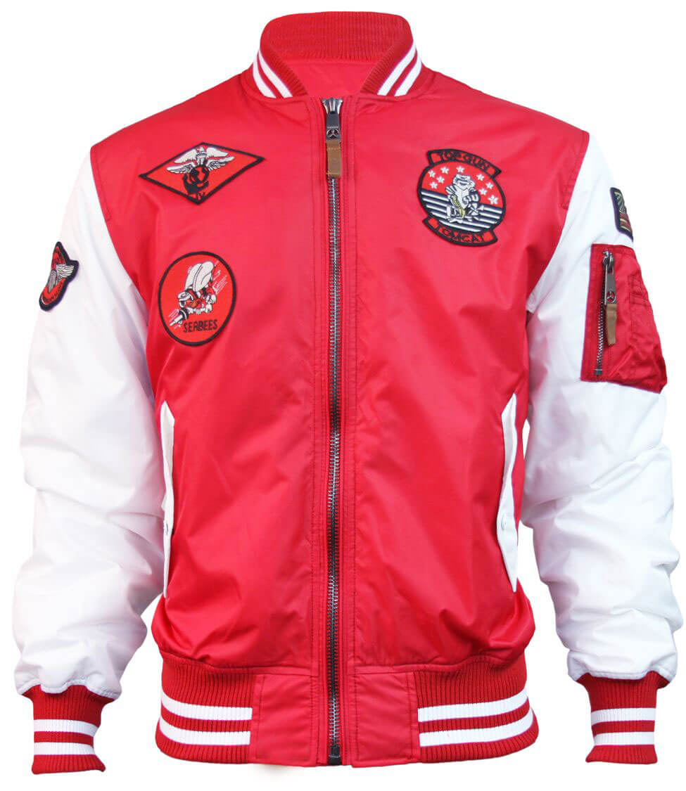 red and white bomber jacket