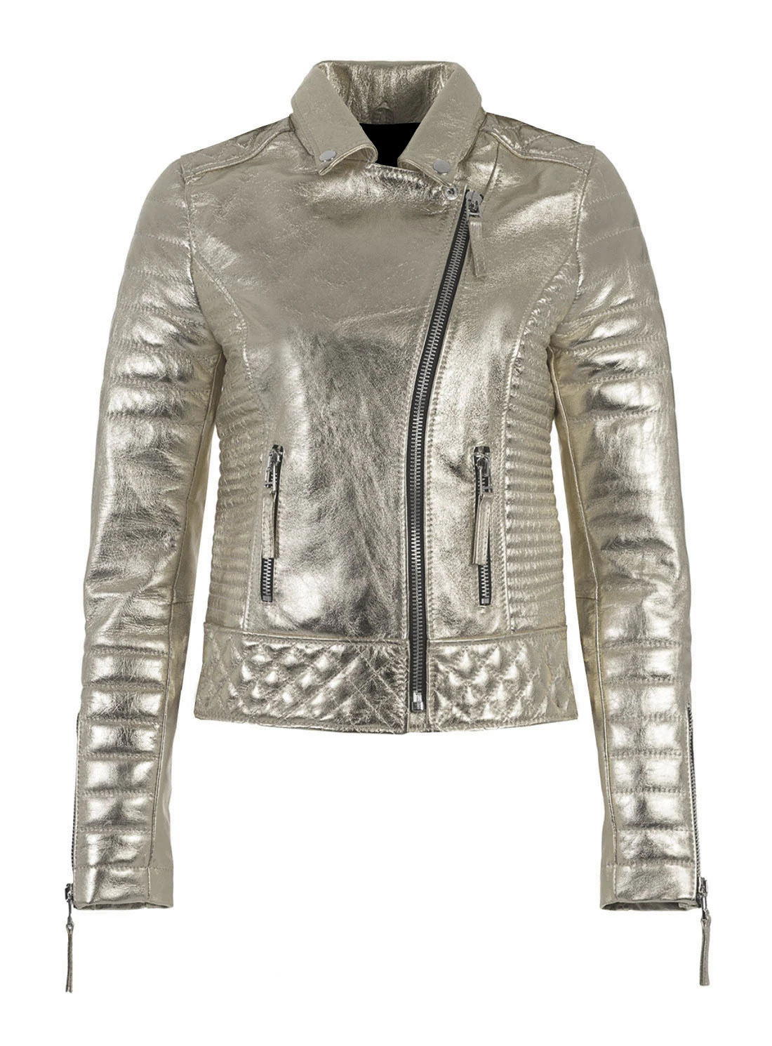 Silver Metallic Leather Padded Biker Jacket - Jackets Maker
